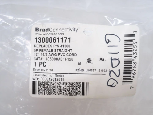 Woodhead 1300061171; Straight Female Cordset 105000A01F120