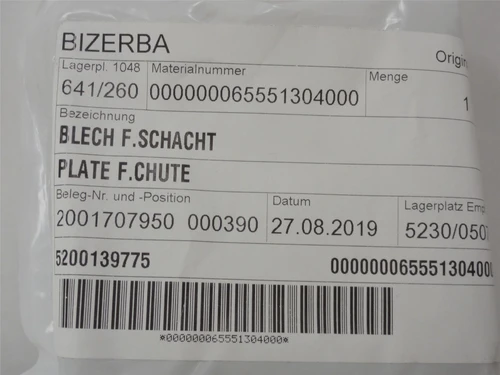 Bizerba 65551304000; Plate F.Chute; Label Guide