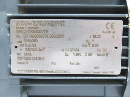 SEW WA20 DR63M2/TF; Gearmotor; 0.25Kw; 10.25:1 Ratio; 230/400V