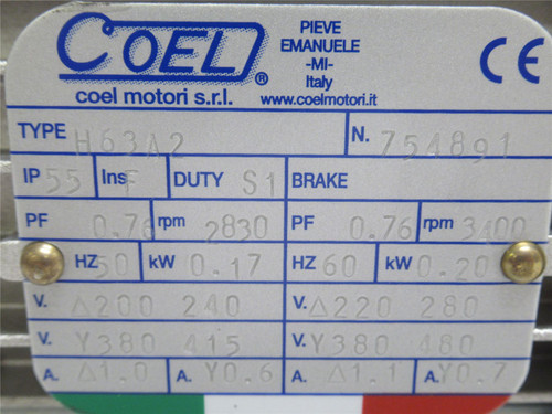 Coel H6342; AC Motor; 0.2kW; 220-480V; 3400RPM; 3PH; 60Hz