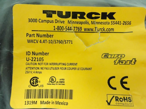 Turck WKCV 4.4T-10/S760/S771; Cordset; 4A; 250V; 3M Length