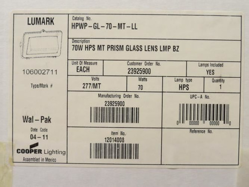 Cooper HPWP-GL-70-MT-LL; Lumark Wall Mount Luminaire; 70W