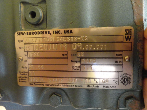 SEW KA67DT100LS4ES1S-K; AC Gearmotor 66:1 Ratio; 230/460V; 3PH