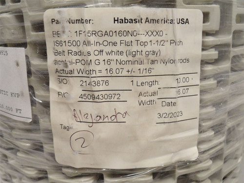 Cryovac SP647278; Habasit 1F15RGA0160N0 Belt 16"W x 10'L
