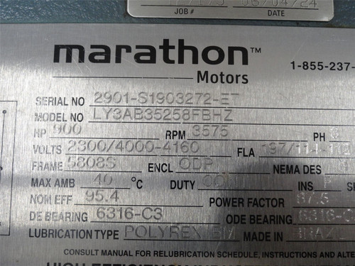 Marathon LY3AB35258FBHZ; AC Motor-rewind 900HP 2300/4000-4160V 3575RPM