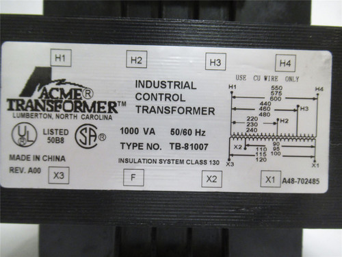 Acme TB-81007; Transformer; 1000VA; 240/480/600VAC Primary