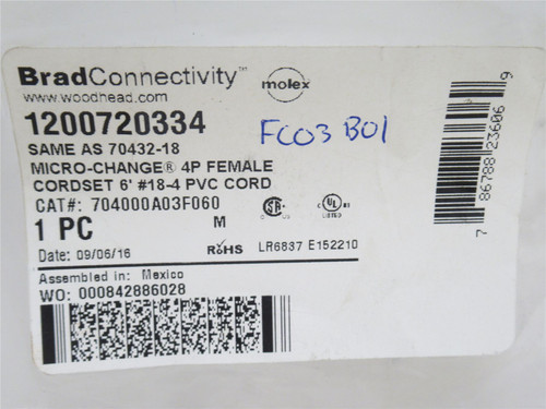Woodhead 1200720334; Single-Ended Cordset; 4 Pole; 600V. 4 Amp