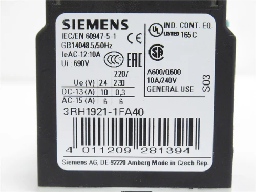 Siemens 3RH1921-1FA40; Aux Contactor; 4-NO; 10A@240VAC; GU