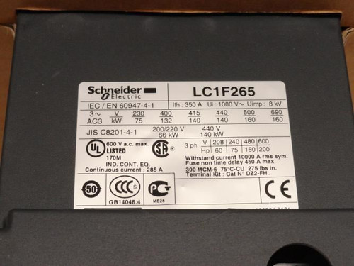 Schneider LC1F265P7; Contactor; 350A; 3P; 600VAC; Coil: 230V