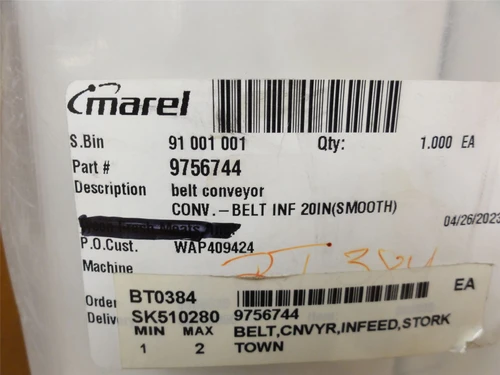 Marel 9756744; Endless Smooth Conveyor Belt; 20" Width