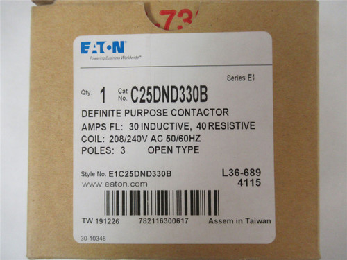 Eaton C25DND330B; Contactor 30A 3-Pole Coil: 208-240VAC
