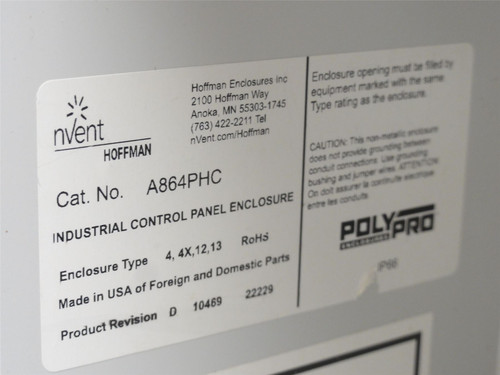 Hoffman A864PHC; Poly Enclosure; Type: 4X;  8.12" x 6.12" x 4.38"