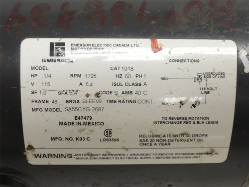 Emerson 191872; Motor; 1/4HP; 115VAC; 1725RPM; 3PH; 60HZ