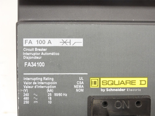 Square D FA34100; Circuit Breaker; 100 Amps; 480VAC; 3-Pole