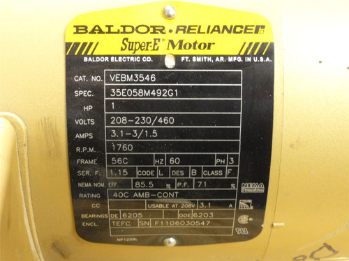 Baldor VEBM3546; Brake Motor 1HP; 208-230/460VAC; 1760RPM; 3PH