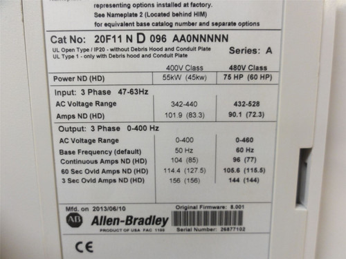 Allen-Bradley 20F11ND096AA0NNNNN; AC Drive 75HP 480VAC