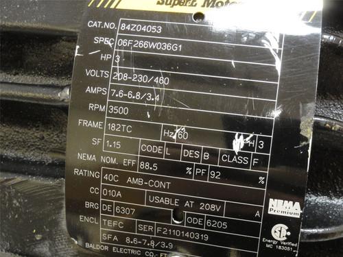 Baldor 84Z04053; Pump Motor 3HP; 208-230/460VAC; 3500RPM; 3PH