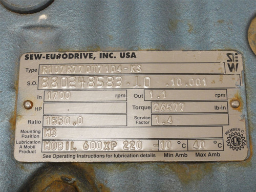 SEW R107R77DT71D4-KS; Gear-Motor; 1550:1 Ratio; 1700RPM In