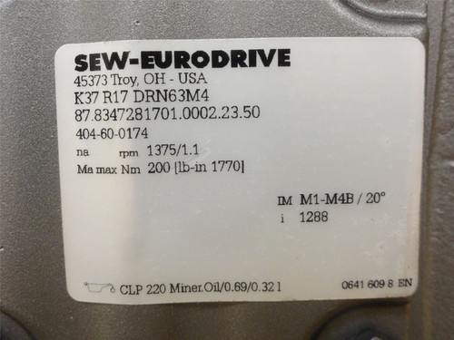 SEW K37R17DRN63M4; Gear-Motor; 1288:1 Ratio; 440/480VAC