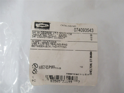 Hubbell O74093543; Conduit Connector w/Grip 3/4" 90-Deg Male