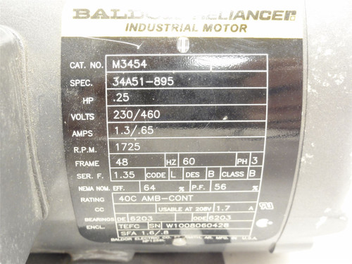 Baldor M3454; AC Motor; 1/4HP 230/460VAC 1725RPM; 3PH