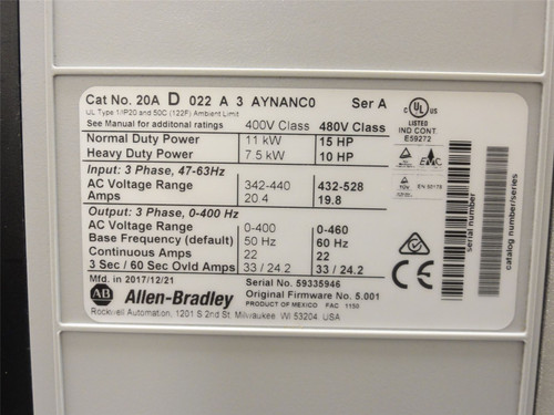 Allen-Bradley 20AD022A3AYNANC0; AC Drive 15HP 432-528VAC In