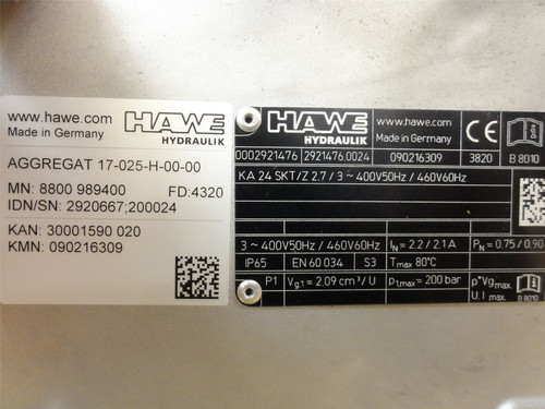 HAWE Hydraulik KA 24 SKT/Z2.7/3; Hydraulic Power Pack ;460VAC