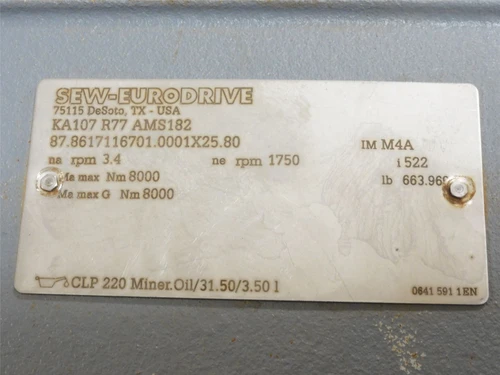 SEW KA107R77AMS182; Inline Gear Speed Reducer; 522:1 Ratio