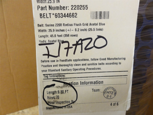 Intralox S2200-26-8.8; Sweiwa 2200 Belt; 26" Wide x 8.8' Long