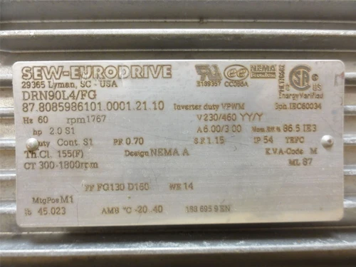 SEW DRN90L4/FG; AC Motor; 2HP; 230/460V; 1800RPM; 3PH; 60HZ