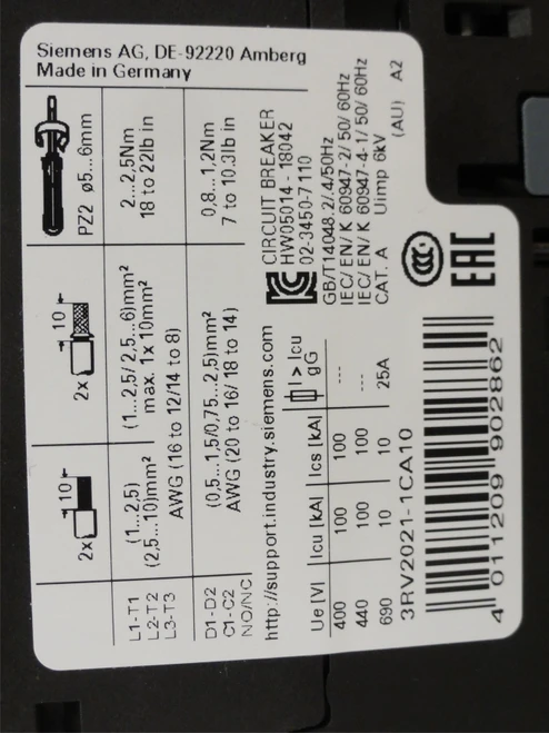 Siemens 3RV2021-1CA10; Manual Starter; 1.8-2.5A; 3Pole
