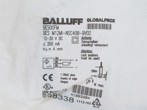 Balluff BES-M12MI-NSC40B-BV02; Prox Sensor BES00FM; 12-30VDC