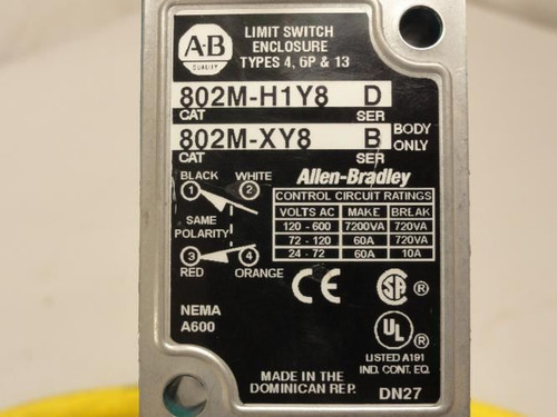 Allen-Bradley 802M-H1Y8; Wired Limit Switch; 120-600VAC; 3' Cable
