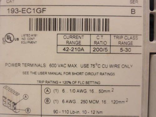 Allen-Bradley 193-EC1GF; Overload Relay 42-210A 3P; 600V
