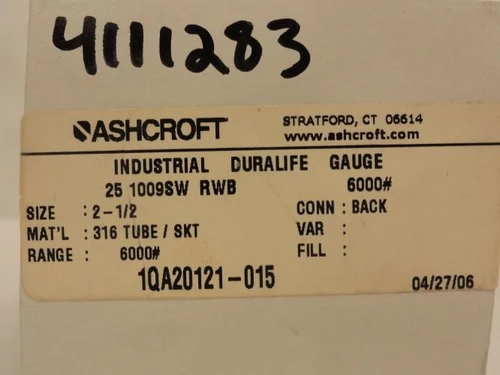 Ashcroft 25 1009SW RWB 6000; Duralife Gauge SS-316; 0-6000Psi