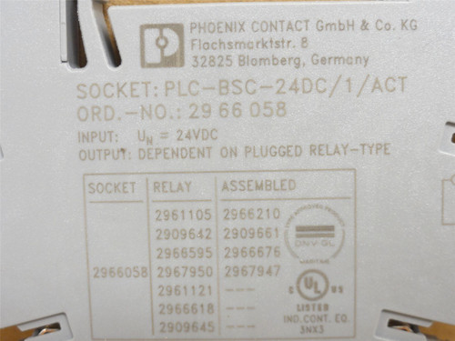 Phoenix Contact PLC-BSC-24DC/1/ACT; Relay Base 2966058; 24VDC