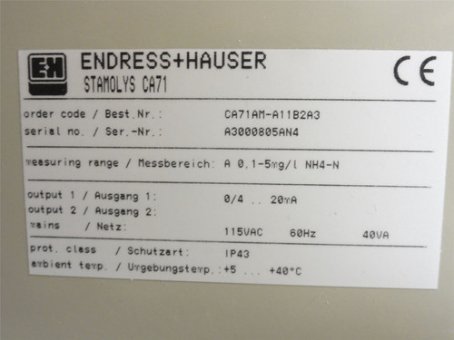 Endress+Hauser CA71AM-A11B2A3; Colorimetric Ammonium Analyzer