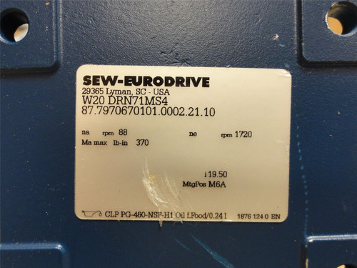 SEW W20DRN71MS4; Gearmotor 19.5:1 Ratio; 1/3HP; No Shroud