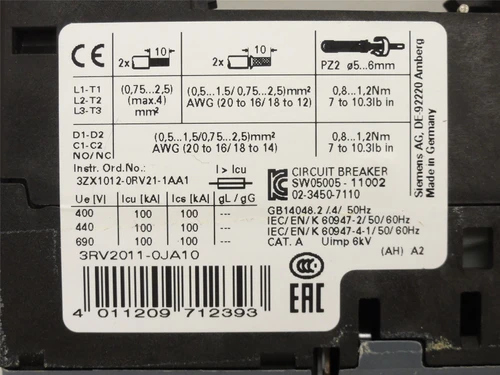 Siemens 3RV2011-0JA10; Manual Motor Starter 0.7-1A; 3P; 690VAC