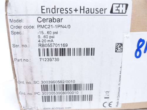 Endress+Hauser PMC21-1PN4/0; Cerabar Pressure Sensor 10-30VDC
