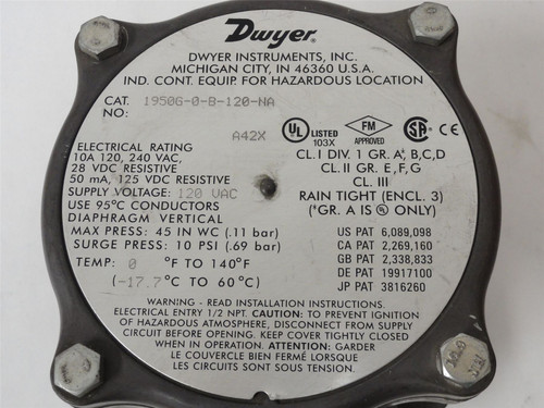 Dwyer 1950G-0-B-120-NA; Differential Press Switch .15-.50in WC