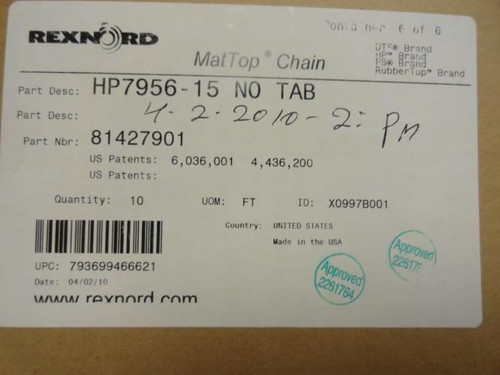 Rexnord HP7956-15 NO TAB 5 FT; Mattop Chain 5 Ft L x 15"W