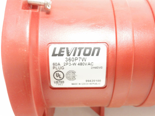 Leviton 360P7W; Pin/Sleeve Plug; 60A; 480VAC; 1PH; 2P; 3-Wire
