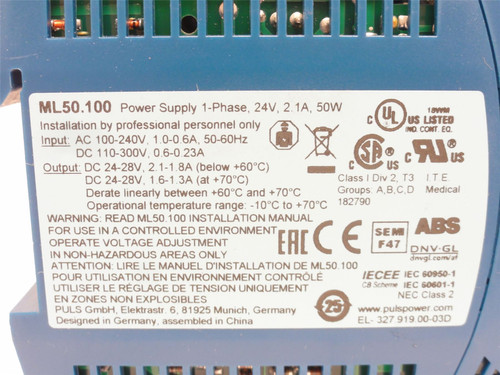 Puls ML50.100; Power Supply 100-240VAC/110-300VDC In