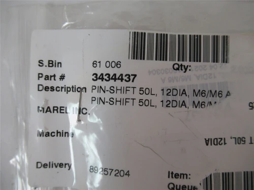 Marel 3434437; Pin Shift 50L 12Dia M6/M6 Spacer Guard