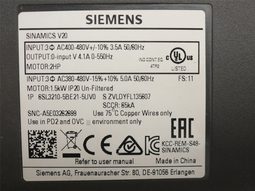 Siemens 6SL3210-5BE21-5UV0; AC Drive; 2HP; 400-480VAC; 3.5A In