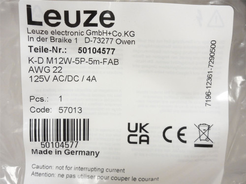Leuze K-D M12W-5P-5m-FAB; Connector Cable 50104577; 125VAC/DC