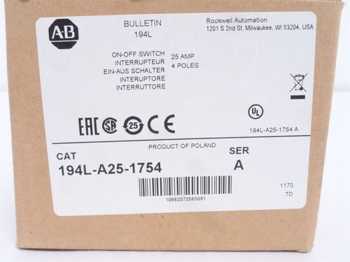 Allen-Bradley 194L-A25-1754; On/Off Load Switch 4P; 17A; 600V