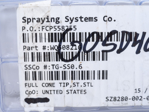 Spraying Systems TG-SS0.6; Spray Tip Nozzle; SS; 20-150PSI