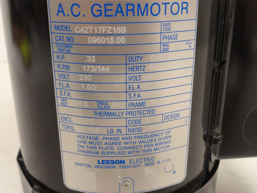 Leeson C42T17FZ16B; AC Gear Motor 10:1 Ratio; 1/3HP 230/460V